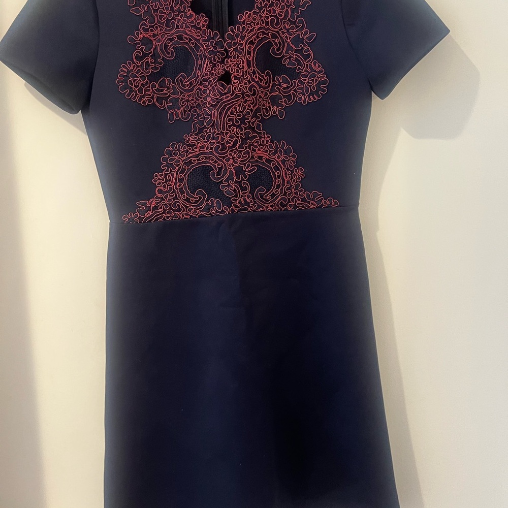Sandro Navy Mini Dress with Red Embroidery